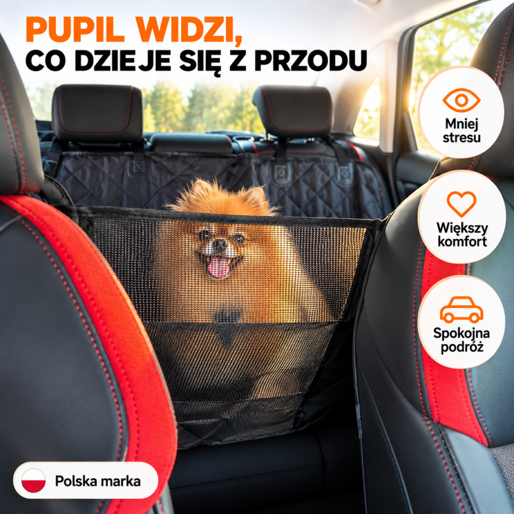 Pies widzi przez siatkę maty Purlov®, co dzieje się z przodu samochodu
