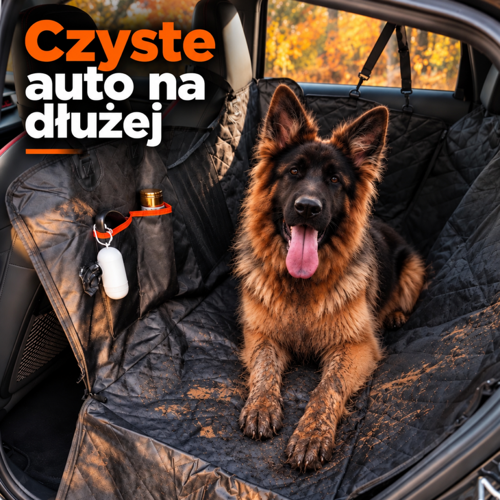 Ubrudzony owczarek niemiecki na macie Purlov® w samochodzie – czyste auto na dłużej